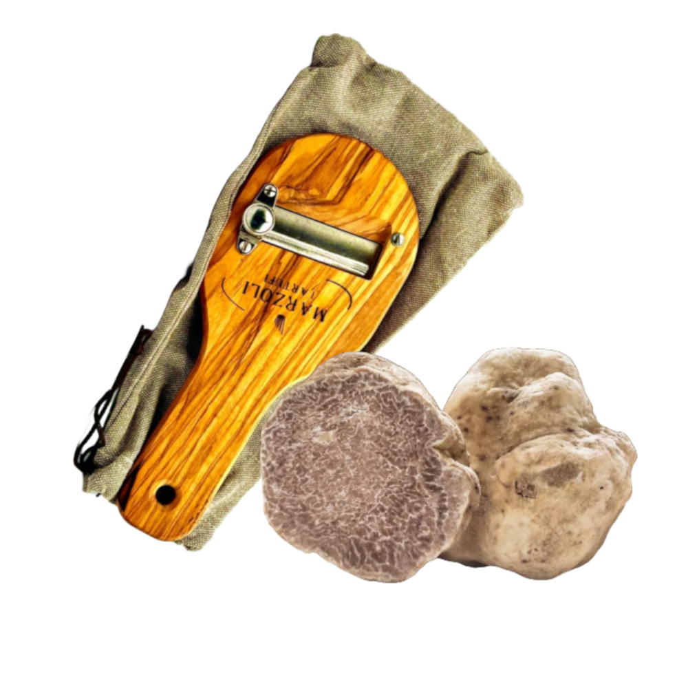 Affetta-tartufi in legno con lama inox e tartufo bianco fresco